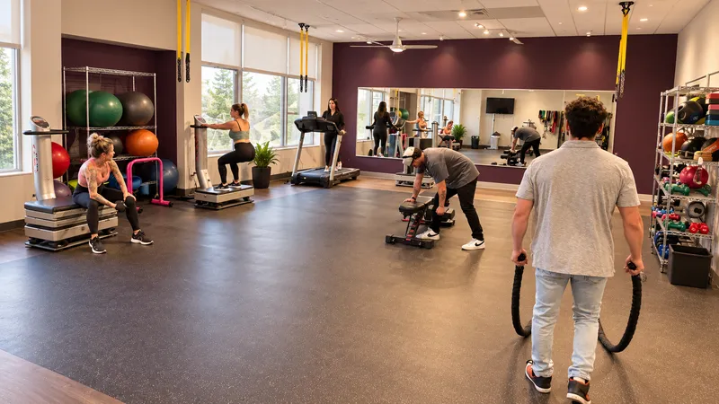Five people training on vibration plates, a treadmill, a bench and battle ropes in a bright studio with a plum feature wall